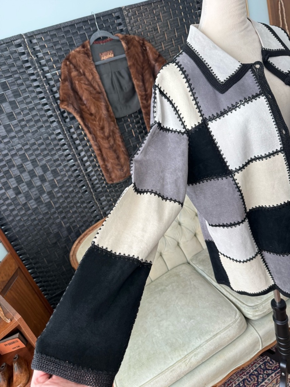 🖤 Vintage Denim & Co Patchwork Leather Jacket Colorblock Crochet Trim XL - Picture 5 of 12